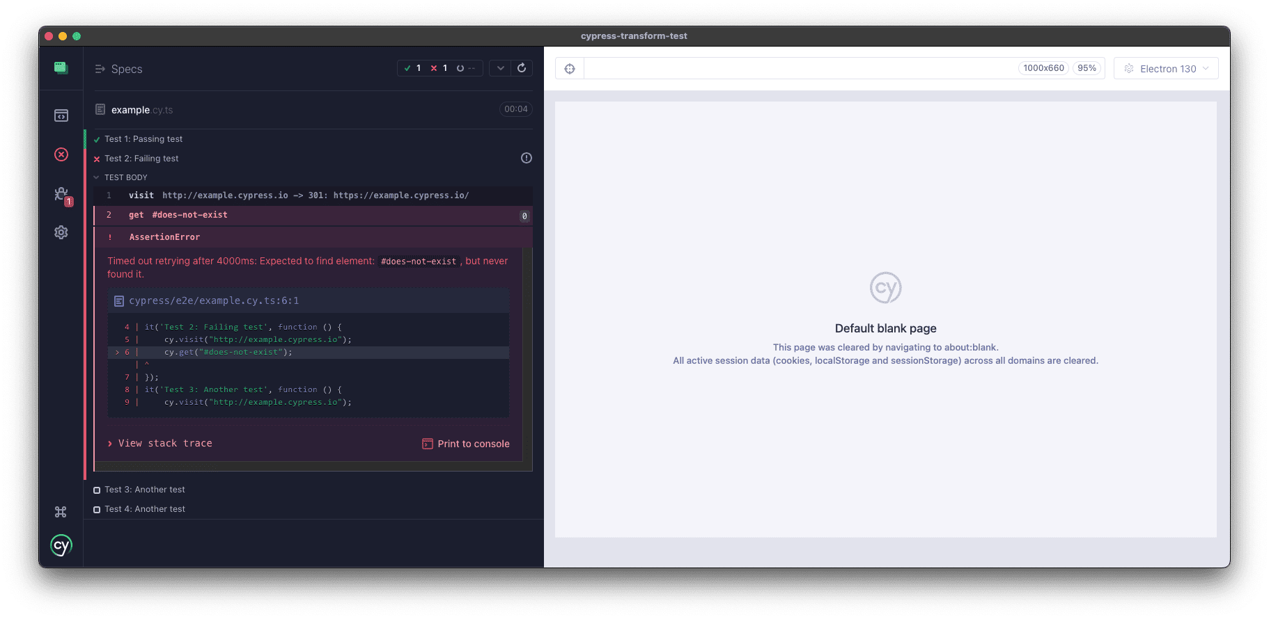 Cypress App shows an example.cy.ts file as running with 1 passing test collapsed, 1 failing test expanded with the assertion error and the remaining tests having not run, showing square neutral icons for their status.