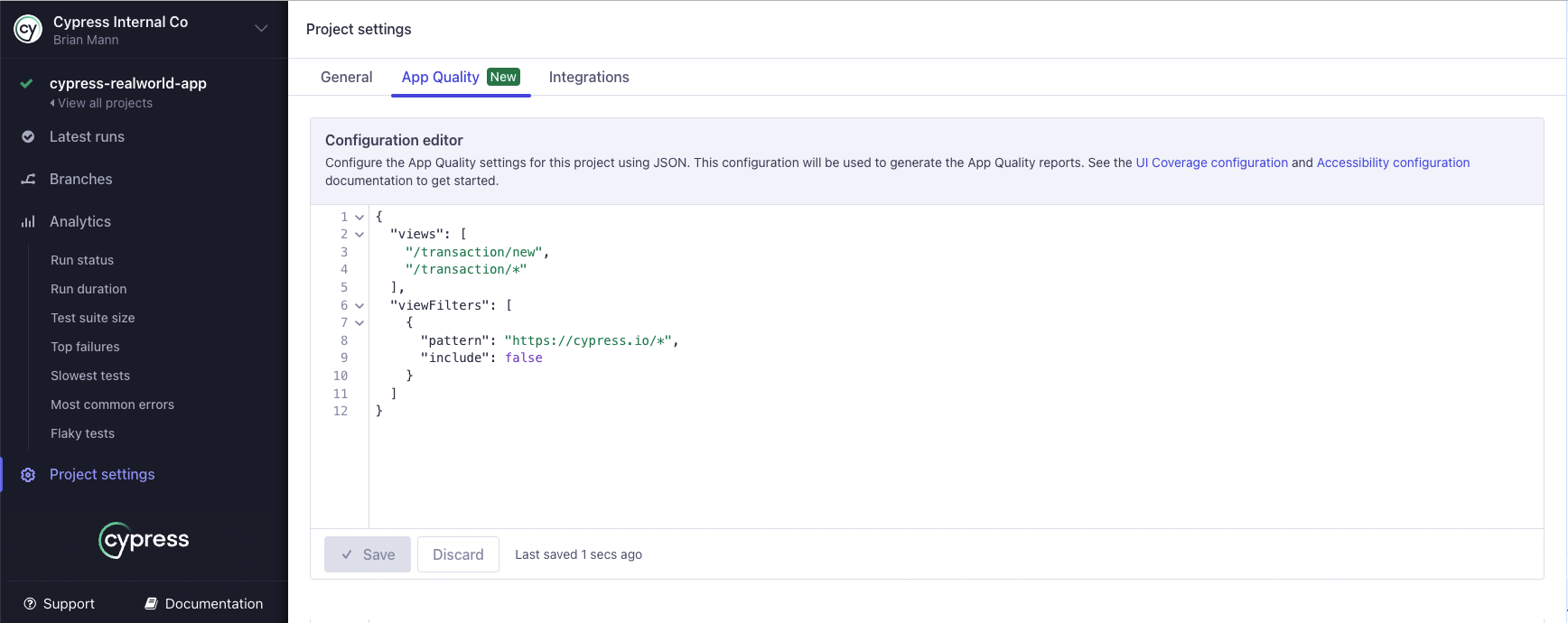 The Cypress Cloud UI showing the configuration editor