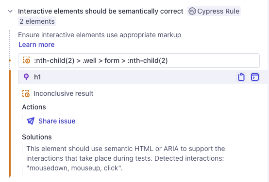 A custom Cypress accessibility rule called 'Interactive elements should be semantically correct' has two failed elements displayed. One element is open and message reads 'This element should use semantic HTML or ARIA to support the interactions that take place during tests. Detected interactions: mousedown, mouseup, click.