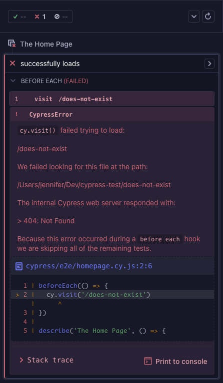 Cypress showing one failed and one skipped test
