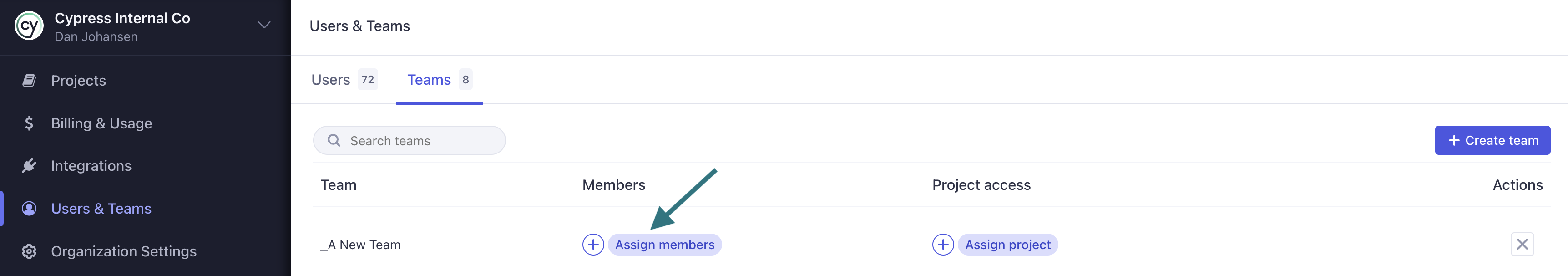 Click the + icon to assign Cypress Cloud users to a team.