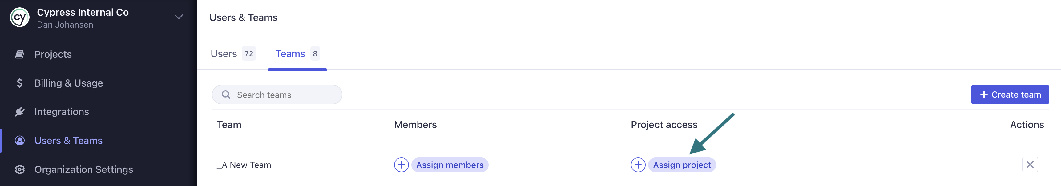 Click the + icon to assign projects to a team.