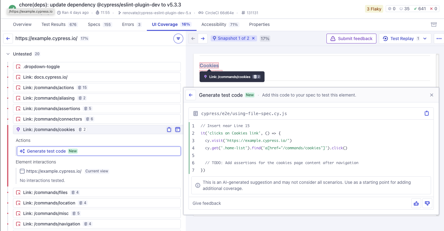 Cypress Cloud screenshot cropped to show a generated test after clicking on the 'Generate Test' button for the '/commands/cookies' link.